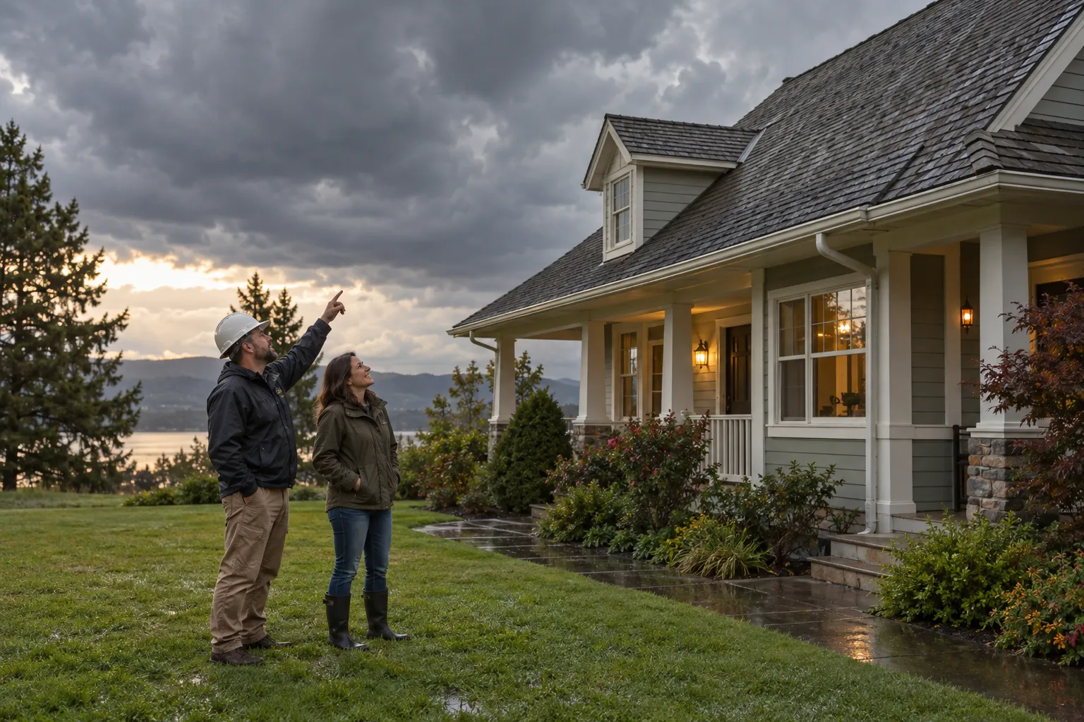 Frame house with a worn shingle roof under a stormy sky in Afton