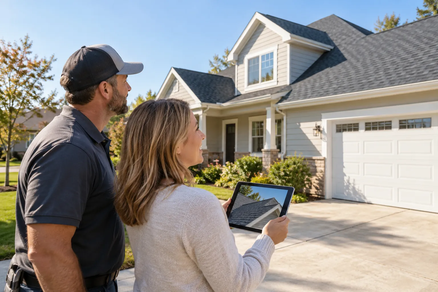 Roofing provider and homeowner reviewing a new roof on a house in Afton from the driveway